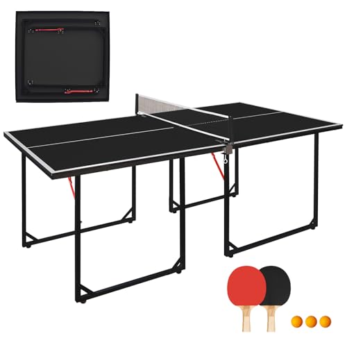 6ft Mid-Size Foldable Ping Pong Table Set, Portable Table Tennis with Net, 2 Paddles, 3 Balls, 12MM MDF for Indoor Outdoor Home Office Apartment - color: Black Tabletop + Black Legs