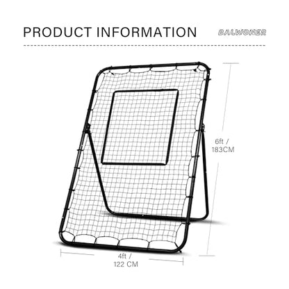 6 x 4 ft 5 Angles Adjustable Pitch Back Baseball Softball Lacrosse Volleyball Rebound Bounce Back Net with Strike Zone - color: Black