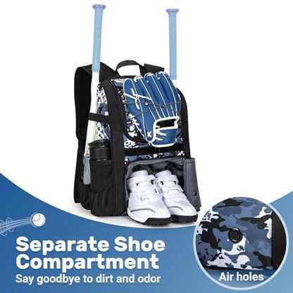 KAVIGOR Youth Baseball Bag, Softball Bag for Girls & Boys, Kids Tball Backpack with Shoes Compartment - color: Blue Camo