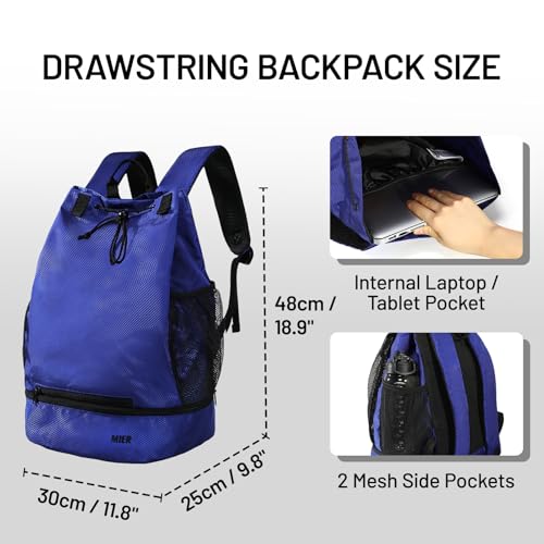 MIER Drawstring Basketball Backpack Soccer Bag with Shoe Compartment & Mesh Pocket Sports Gym String Backpack for Women Men, Lightweight - color: Blue