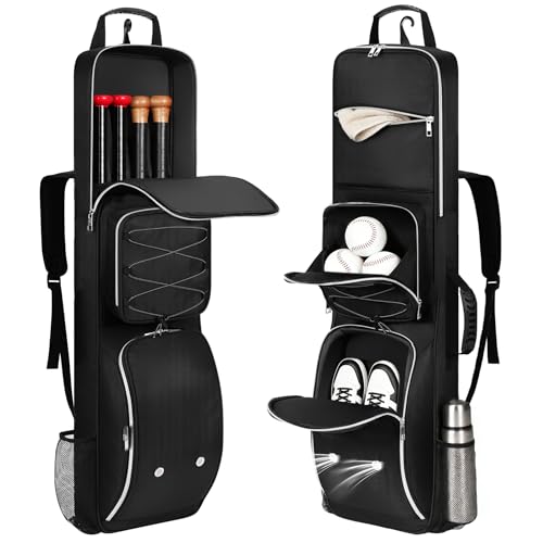 Baseball Bat Bag Backpack for 3-4 Baseball Bats with Multi-pocket and Separate Shoe Compartment, Soft Bat Bag with Fence Hook and Adjustable Shoulder Strap, Suit for Baseball, Softball, T-ball Bat