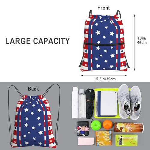 Patriotic Stars Stripes 4th of July Drawstring Bag, Memorial Day Independence Day Red Blue Waterproof Drawstring Bckpack for Gym Sports, Sackpack Bag with Front Zipper Pocket and Inside Zipper Pocket - color: Stars Stripes