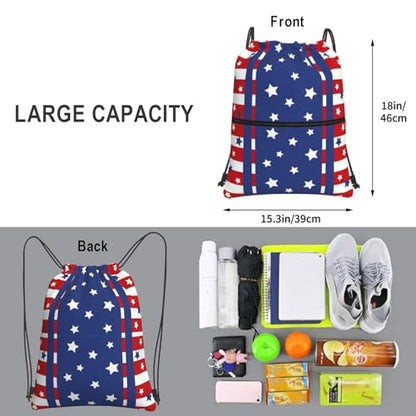 Patriotic Stars Stripes 4th of July Drawstring Bag, Memorial Day Independence Day Red Blue Waterproof Drawstring Bckpack for Gym Sports, Sackpack Bag with Front Zipper Pocket and Inside Zipper Pocket - color: Stars Stripes