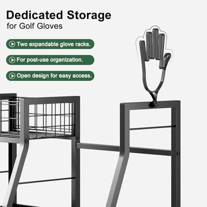 Golf Bag Storage Rack for Garage with Wheels, Holds 2 Golf Bags, Golf Club & Golf Accessories Organizer with Shelves, Accessory Baskets & Glove Holders
