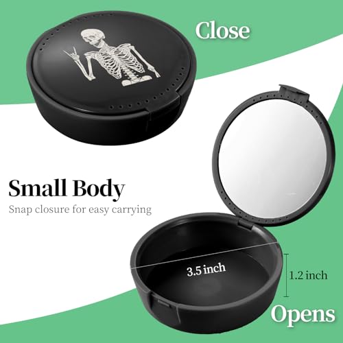 Retainer Case, Denture & Mouth Guard Orthodontic Aligner Case With Mirror & Ventilation, Black Skull