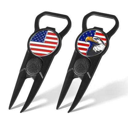 FINGER TEN Golf Divot Repair Tool and Ball Marker 7-in-1 Value 2 Pack, Premium Leather Grip Tools with Belt Clip, Club Tee, Club Groove Cleaner, Bottle Opener, Putting Alignment Guide - color: Black
