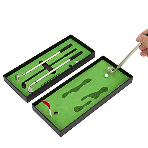 Golf Pen Set, Mini Desktop Golf Ball Pen, Top Golf Gift with Putting Green, 3 Golf Clubs Pens with Balls and Flag