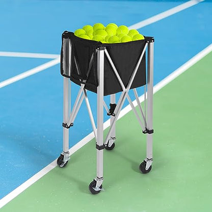 Portable Tennis Ball Hopper Holds 180 Balls, Tennis Ball Basket Cart with 4 Wheels & Brakes, Detachable Oxford Fabric Bag for Tennis and Pickleball Training, Black - color: Silver Aluminum