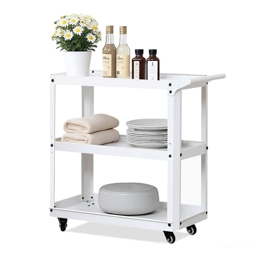 3 Tier Metal Utility Rolling Cart with Wheels, Heavy Duty Storage Organizer Trolley Cart for Kitchen, Bathroom, Office, Bedroom – Multi-Purpose 330Lbs Capacity Utility Cart on Wheels, White - color: White