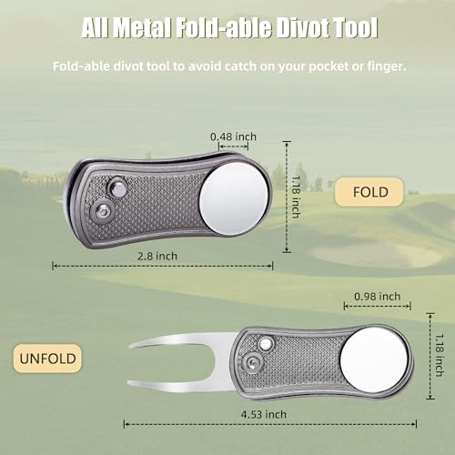 Mile High Life Golf Divot Repair Tool, All Metal Foldable Divot Tool with Pop-up Button & Magnetic Ball Marker - color: Gray Undulate