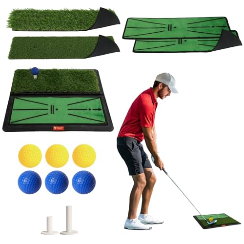 Golf Hitting Mat, 4 PCS Dual Turf Golf Practice Mat for Indoor Outdoor Swing Path Feedback, Driving, Chipping, Putting, Durable Artificial Grass Golf Mats for Men Women, 20"x16" Training Aid with Tees