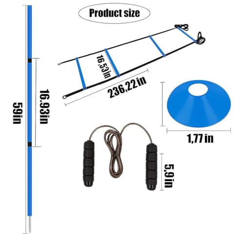 Soccer Agility Training Equipment, 6 Adjustable Soccer Training Agility Poles, 1 Speed Agility Ladder,10 Soccer Agility Cones for Training, 1 Jump Rope + Storage Bag for Youth Soccer Drills - color: blue