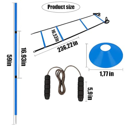 Soccer Agility Training Equipment, 6 Adjustable Soccer Training Agility Poles, 1 Speed Agility Ladder,10 Soccer Agility Cones for Training, 1 Jump Rope + Storage Bag for Youth Soccer Drills - color: blue