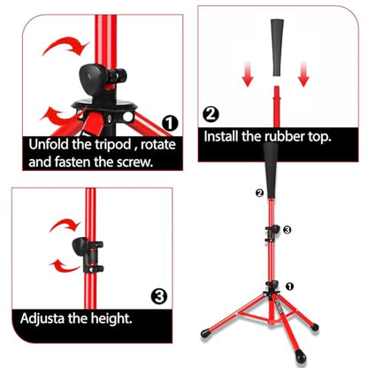 Batting Tee,Baseball Tee,Softball Tee, for Kids,Teens,Adults Baseball Hitting Practicing. Include 2 Pcs Replaceable Rubber Ball Seat and Carrying Bag.Adjustable Height - color: red