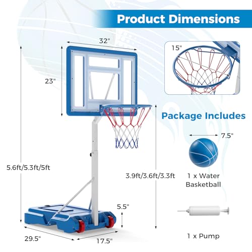 GYMAX Pool Basketball Hoop, Stainless Steel Adjustable 32" Portable Basketball Hoop for Pool with Fillable Base, Shatterproof Backboard, Basketball & Pump Included