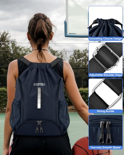 BROTOU Soccer Drawstring Backpack, Basketball Bag, Volleyball Football Bags with Ball and Shoe Compartment - color: Navy Blue