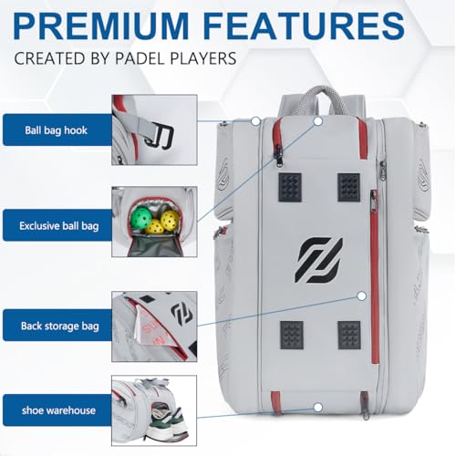 TILDOSAC 2-in-1 Detachable Pickleball & Padel Bag for Men Women | Thermal Foil Insulated Racket Compartment | Outdoor & Gym - color: Grey Red
