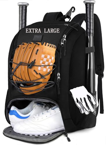 MATEIN Baseball Backpack, Softball Bat Bag with Shoes Compartment for Youth, Boys and Adult, Lightweight Baseball Bag with Fence Hook Hold TBall Bat, Batting Mitten, Helmet, Caps, Teeball Gear - color: Black, size: 47L