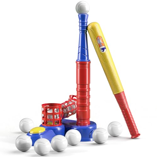 TEMI 2 in 1 Tee Ball Set for Kids 3-8, Kids Baseball T-Ball Set with 10 Balls, Step on Pitching Machine, Batting Tee, Outdoor Sport Toy Games for 3-12 Year Old Boys Girls Toddler