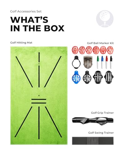 Complete Golf Accessories Set - Golf Grip Trainer, Golf Swing Trainer Arm Band, Golf Hitting Mat and Golf Ball Marker Kit, Golf Training Aid for Improving Swing Technique for Home & Outdoor Practice