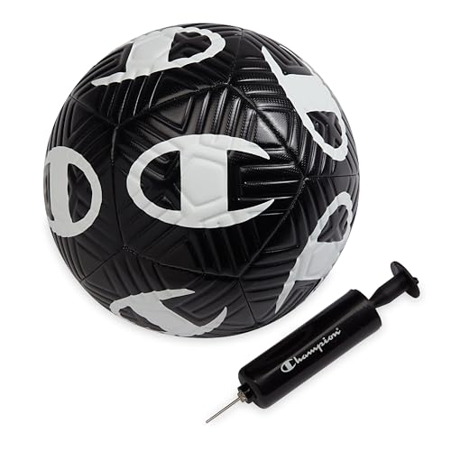 Champion Playmaker Logo Deflated Soccer Ball with Pump, Size 5 Soccer Ball, Durable Panels for Kids, Youth & Adults, Indoor/Outdoor Training Ball with Inflation Hand Pump - color: Black/White, size: 5