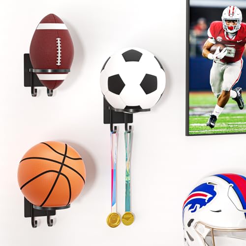 Ball Holder Wall-Mount with Hook,Ball Storage Stand Display Rack for Basketballs, Football, Soccer, Volleyball Collection, Sports Accessories Organizer(1 Pcs)
