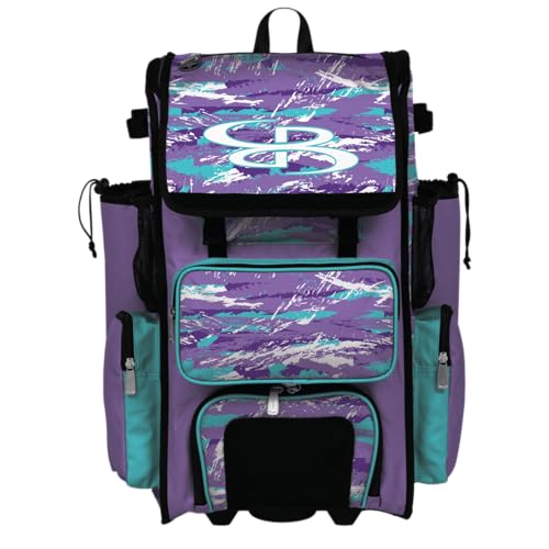 Boombah Rolling Superpack Baseball/Softball Gear Bag - Telescopic Handle - Holds 4 Bats - Wheeled Version - Razor Multiple Colors - color: Amethyst Orchid/Aqua/White