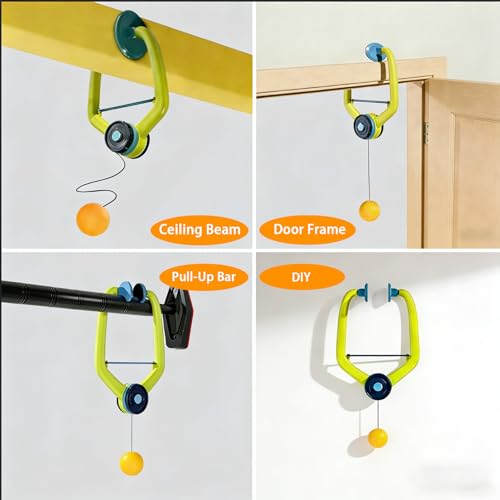 Hanging Ping Pong Tennis Trainer, Ping Pong Hanging from Doorway Adjustable Over-The-Door Table Tennis Kit with Wooden Paddles and Balls, Portable Daily Exercise Set