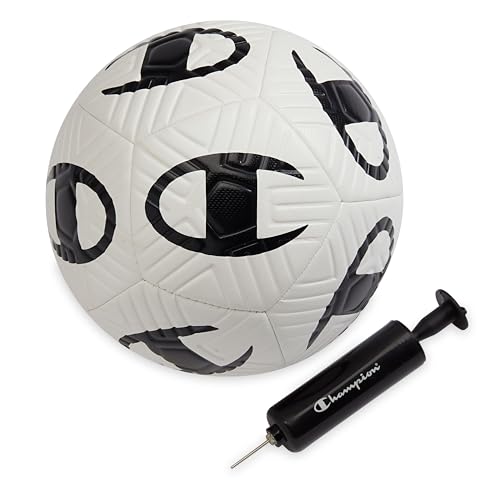 Champion Playmaker Logo Deflated Soccer Ball with Pump, Size 5 Soccer Ball, Durable Panels for Kids, Youth & Adults, Indoor/Outdoor Training Ball with Inflation Hand Pump - color: White/Black, size: 5