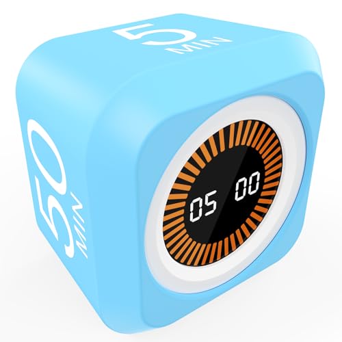 Rotating Pomodoro Cube Visual Timer 5, 25, 10 50 Minutes Preset, Rechargeable Desk Productivity Flip Timer w/Silicone Cover Custom Countdown, Silent Mode for ADHD, Study, Work, School(Blue) - color: Blue+white