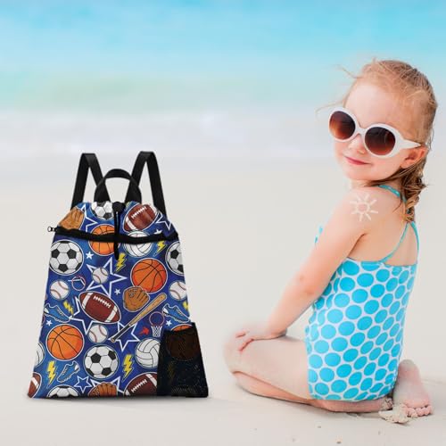 Sports Ball Drawstring Backpack, 15” x 17” Waterproof Swim Bag for Beach Swimming Pool, Lightweight Foldable Gym Bag with Water Bottle Holder for Sports Travel