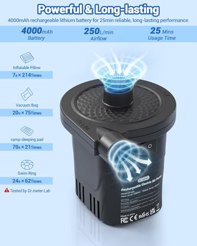 Dr.meter Air Pump for Inflatables, Rechargeable 4000mAh Battery Air Mattress Pump - Portable Quick-Fill Inflator Deflator for Outdoor Camping Inflatable Pool Float Boat Raft Yoga Ball Swim Ring Airbed - style: HT-420