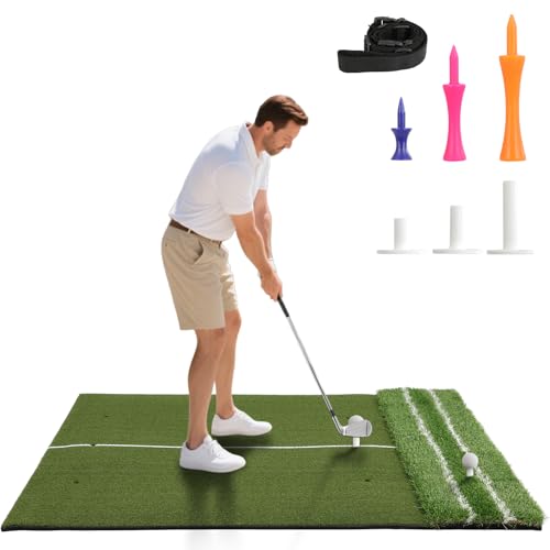 FAHKNS Real Feel Golf Hitting Mat (5x4ft), Large Double Turf, Golf Indoor and Outdoor Practice Mat with Sight Line and Approach Angle Aid, for Swing, Chipping, Putting