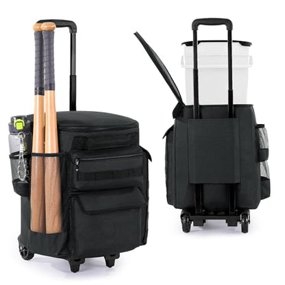 MABOZOO Baseball Bucket Bag with Wheels, Softball Bucket Bag, Baseball Coaches Organizer with Multiple Pockets for Bat, Gloves, Scoreboards and Other Accessories