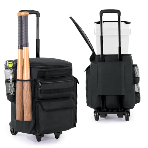 MABOZOO Baseball Bucket Bag with Wheels, Softball Bucket Bag, Baseball Coaches Organizer with Multiple Pockets for Bat, Gloves, Scoreboards and Other Accessories