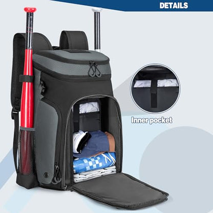 Smasrob Baseball Bag for Adult and Youth, Baseball Backpack Softball Bag with Helmet Holder, Shoe Compartment and Fence Hook - color: Gray