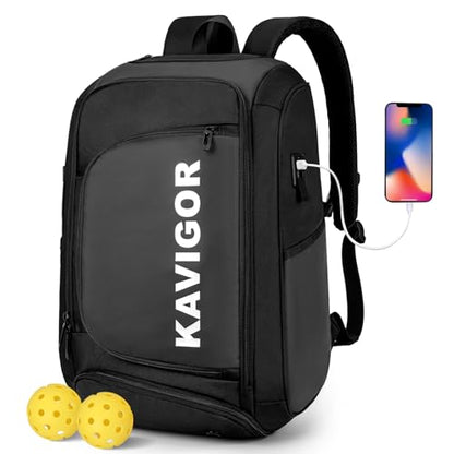 KAVIGOR Pickleball Bag, Large Pickleball Backpack Holds 4 to 6 Paddles, Shoes Compartment & Wet/Dry Pocket (9 Pockets), Charge Port - color: Black