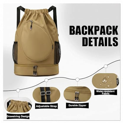 Sports Drawstring Backpack, Badminton Gym Bag Holds 2 Rackets with Shoe Compartment, Off-work, Everyday & Overnight Weekend - color: Khaki