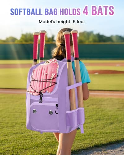 MATEIN Softball Bag, Lightweight Baseball Backpack with Shoe Compartment, Baseball Bag with Fence Hook for TBall Bat & Equipment, Softball Gifts Catchers Backpack for Women Fit Catcher’s Mitt, Helmet - color: Purple - Large
