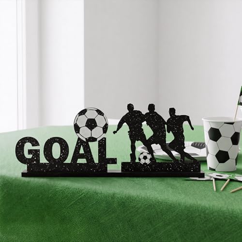 Smile Soccer GOAL Wooden Standing Decor Set, 2-Piece Black Player Silhouette & Text Tiered Tray Tabletop Signs with Stands for Game Day & Sports Party Decorations - style: Letter Goal