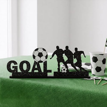 Smile Soccer GOAL Wooden Standing Decor Set, 2-Piece Black Player Silhouette & Text Tiered Tray Tabletop Signs with Stands for Game Day & Sports Party Decorations - style: Letter Goal