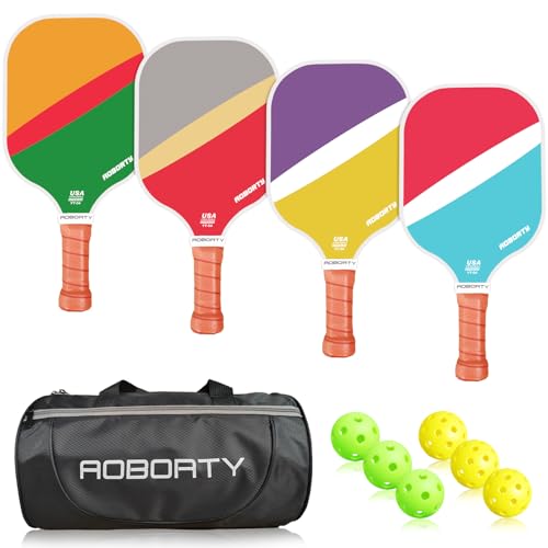 AOBORTY Pickleball Paddles 4 Pack - USAPA Light Graphite Premium Rackets Fiber Face & Polymer Honeycomb Core Pickleball Set with 4 Outdoor Indoor Balls Including Portable Carry Bag