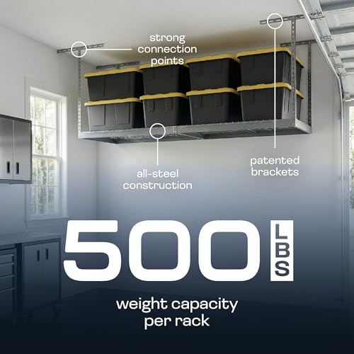 MonsterRax Overhead Garage Storage Racks 3x8’ (2-Pack) Ceiling Mounted Shelving, Adjustable Hanging Organizer, Heavy Duty Steel, Holds 500 Pounds, Color:Hammertone, Adjustable12"-21” from Ceiling