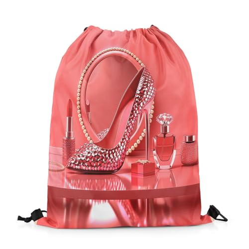 Castle Fairy Pink Glamorous High Heel Drawstring Backpack Bag,Fashion Lipstick Lip String Bag Sackpack,Women Cosmetic Water Resistant Backpack for Gym Shopping Sport Yoga,Pink Red - color: Pink Red