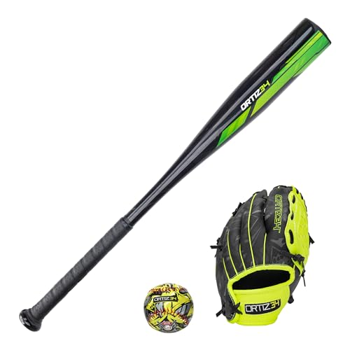 Ortiz34 Youth T-Ball Set, 25” Signature Aluminum T-Ball Bat with -10 Drop, Foam Core T-Ball, 9” Lightweight Youth Glove, Vibrant Graffiti Print - color: Volt