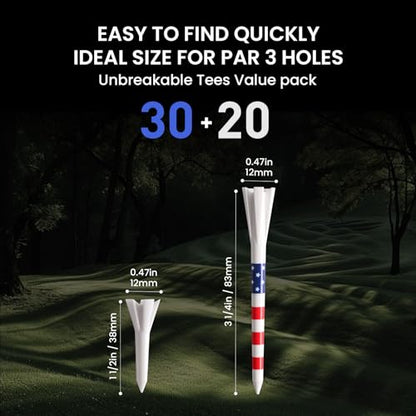 VEASAERS Golf Tees Plastic 30 USA Flag Long Tees 3 1/4 Inch and 20 More Short Tees 1 1/2 Inch Value Pack Gift Set American 5-Prong Tall Tee Unbreakable Easy to Find for Driving Range