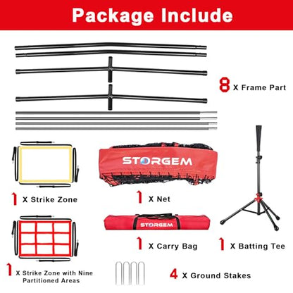 Storgem Baseball and Softball Practice Net 7×7ft Portable Hitting Pitching Batting Training Net Baseball Backstop Net with Batting Tee and Strike Zone and Bow Frame - color: Red