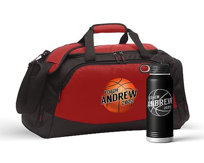 Personalized Basketball Duffel Bag Set Engraved Water Bottle | Coach Design Name Number Player Boys Girls Birthday Christmas - color: Red/Black, size: Bag Only, style: Coach