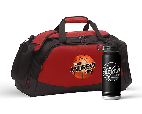 Personalized Basketball Duffel Bag Set Engraved Water Bottle | Coach Design Name Number Player Boys Girls Birthday Christmas - color: Red/Black, size: Bag/Bottle Combo, style: Coach
