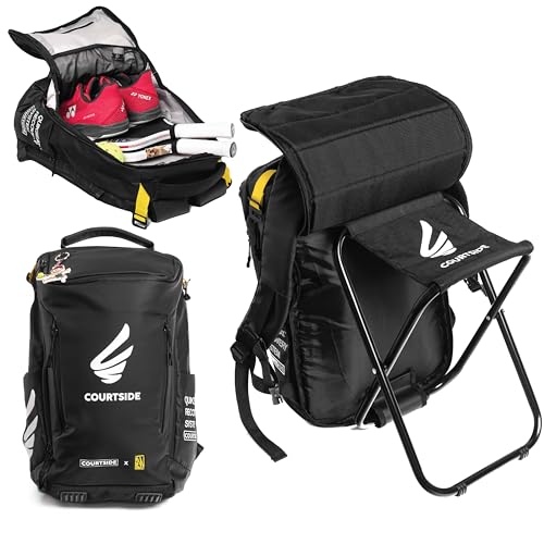 Courtside Pickleball x Pickleball Will Collab backpack with built-in folding chair(up to 300lb). For Men & Women w/Fence Hook/Safety Pockets/Fits 2+ Paddles/Shoes/bottle pockets/waterproof shell.